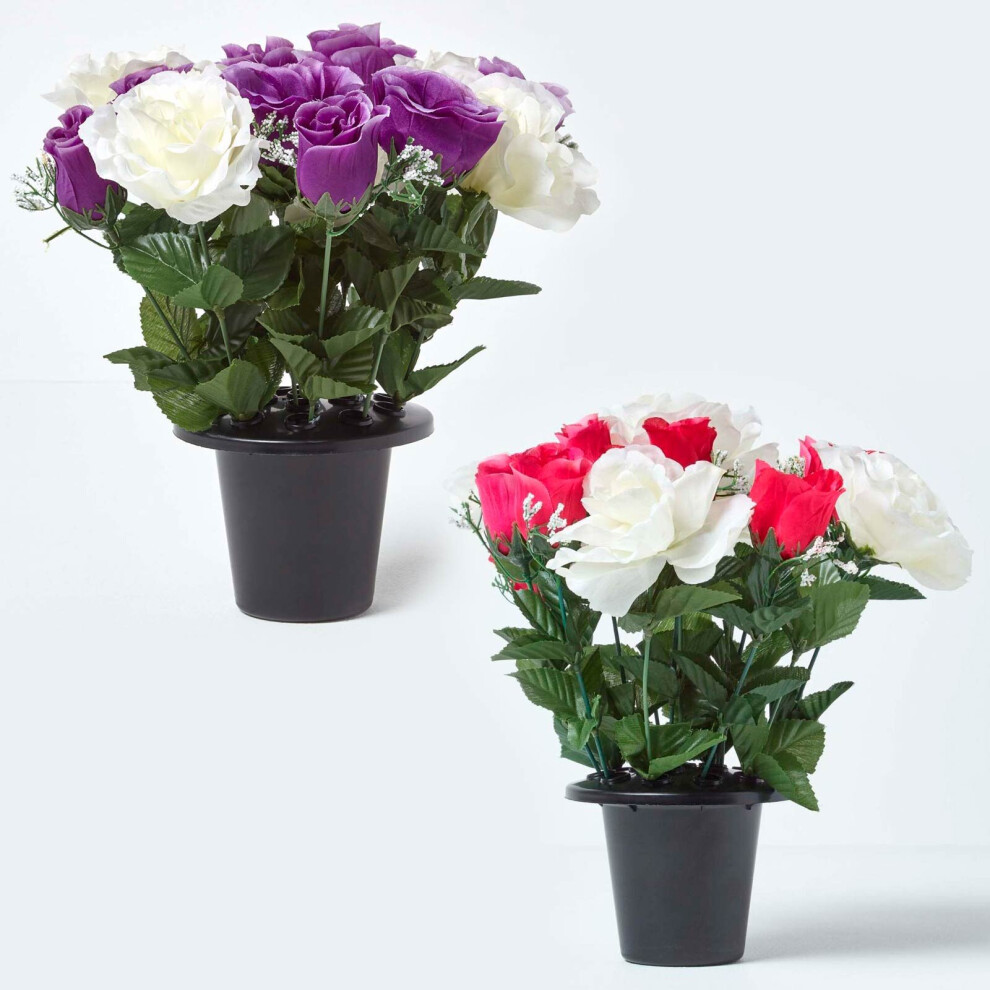 Homescapes Set Of 2 & Roses Artificial Flowers In Grave Vases Pink/Purple