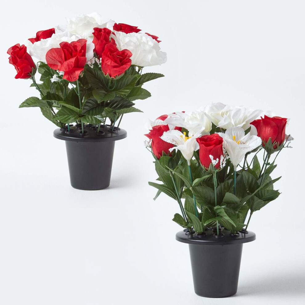 Set of 2 Red & White Roses & Lilies Artificial Flowers in Grave Vases-image-OPC-PB85T5J-NEW