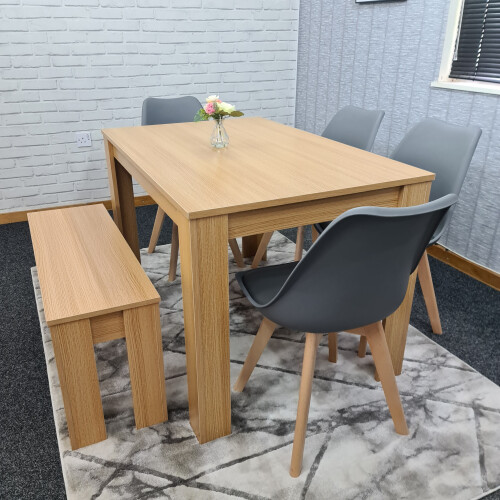 Dining Table,4 Grey Chairs and 1 Bench Oak Effect Set of 6 2