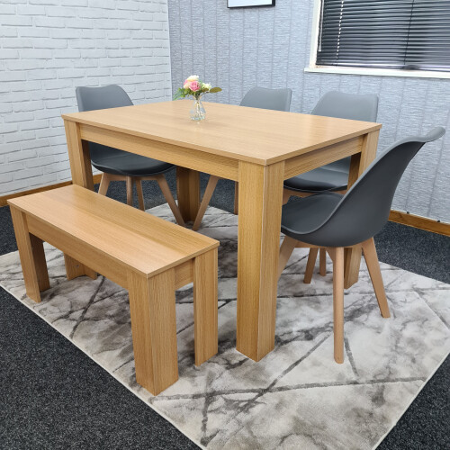 Dining Table,4 Grey Chairs and 1 Bench Oak Effect Set of 6 1
