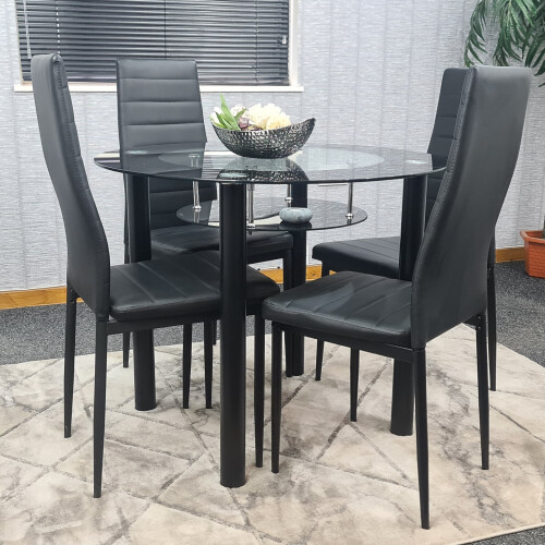 Round Black Glass Kitchen Dining Table With Storage Shelf Chairs Set 4 1