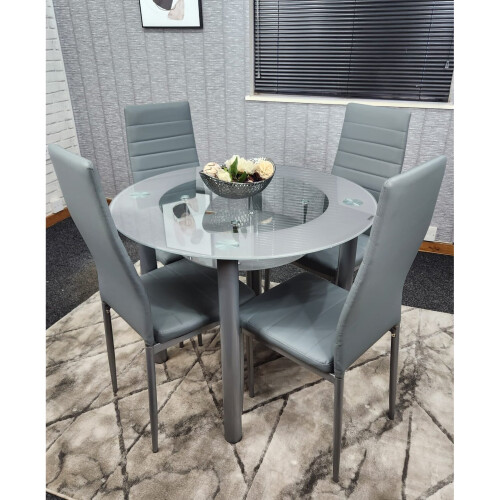 Round Grey Glass Kitchen Dining Table With Storage Shelf Chairs Set 1