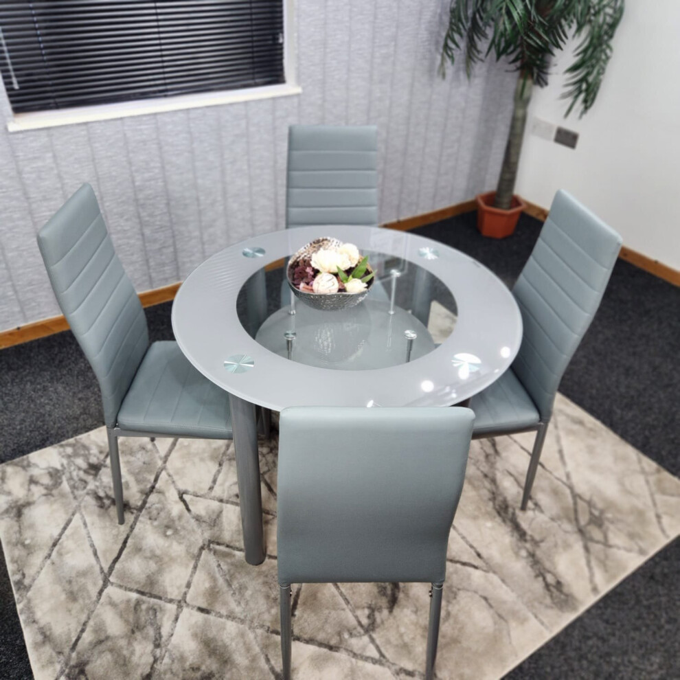 Round Grey Glass Kitchen Dining Table With Storage Shelf Chairs Set