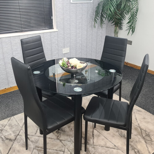 Round Black Glass Kitchen Dining Table With Storage Shelf Chairs Set 4 2