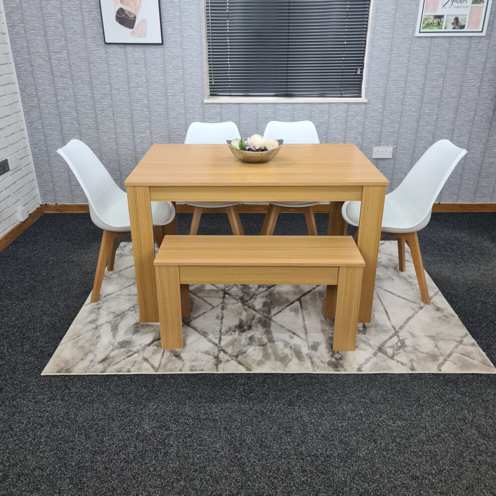 Dining Table,4 White Padded Chairs and 1 Bench Oak Effect Set of 6
