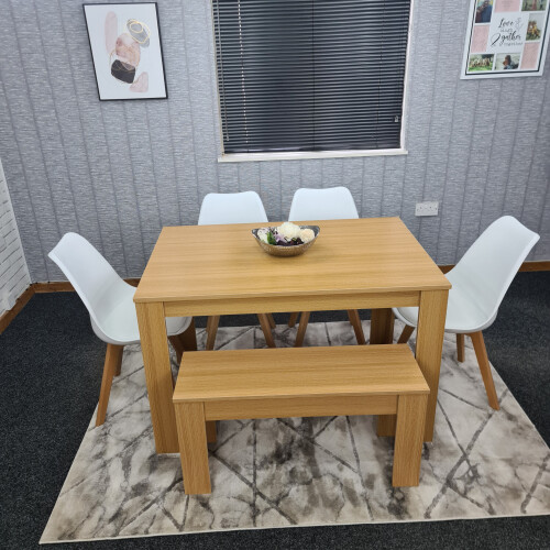 Dining Table,4 White Padded Chairs and 1 Bench Oak Effect Set of 6 1