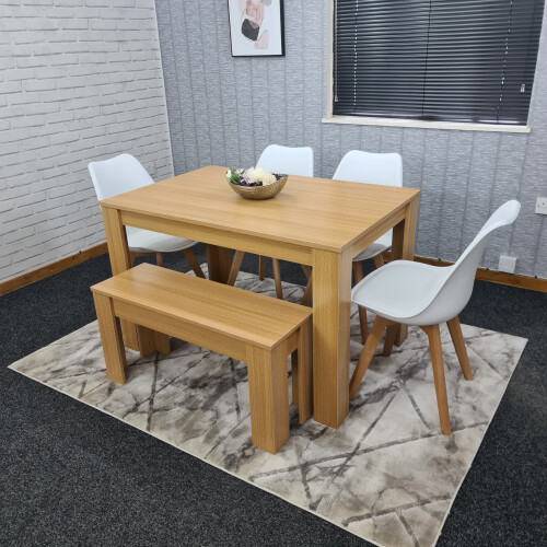 Dining Table,4 White Padded Chairs and 1 Bench Oak Effect Set of 6 2