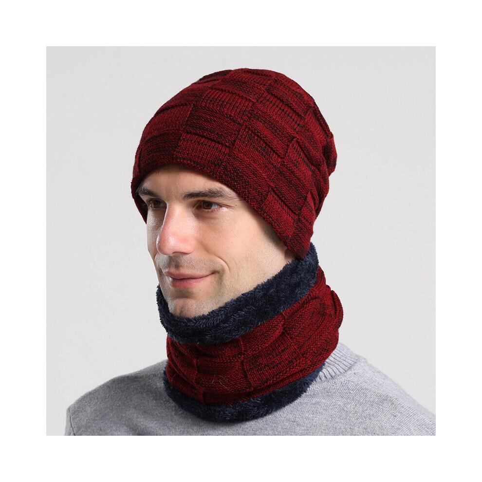 Men's winter padded woolly hat and scarf set - wine red