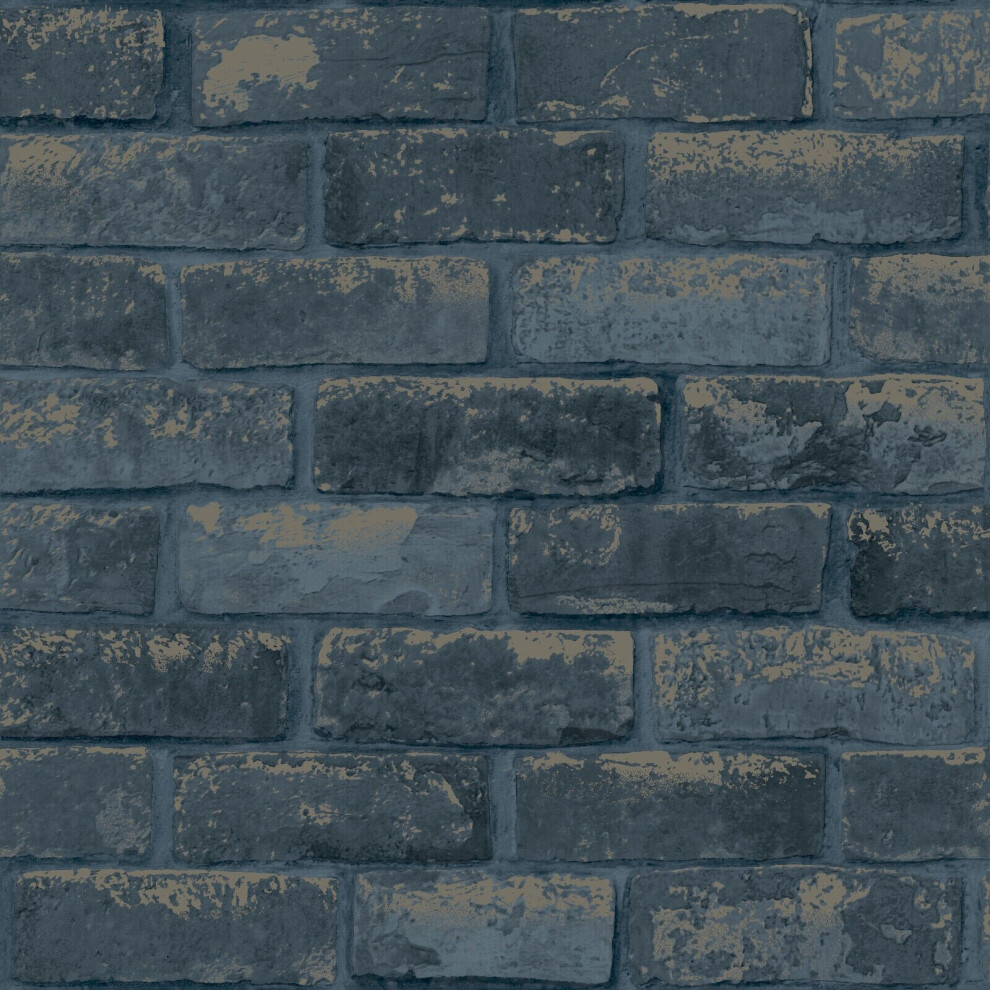 Debona Blue Metallic Navy Brick Wall 3D Effect Rustic Stone Wallpaper