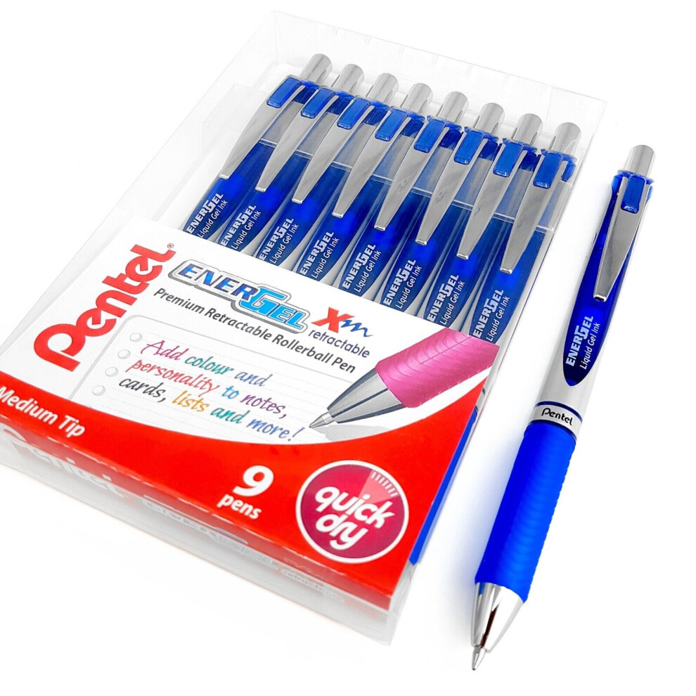 Pentel EnerGel XM BL77 - Retractable Liquid Gel Ink Pen - 0.7mm - 54% Recycled - Blue - Wallet of 9