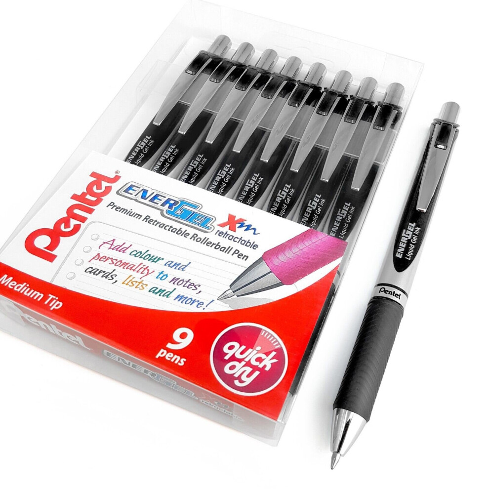 Pentel EnerGel XM BL77 - Retractable Liquid Gel Ink Pen - 0.7mm - 54% Recycled - Black - Wallet of 9