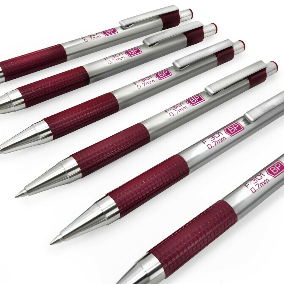 Zebra F-301 Retractable Ballpoint Pen - 0.7mm BLUE Ink - Maroon Barrel - Pack of 6