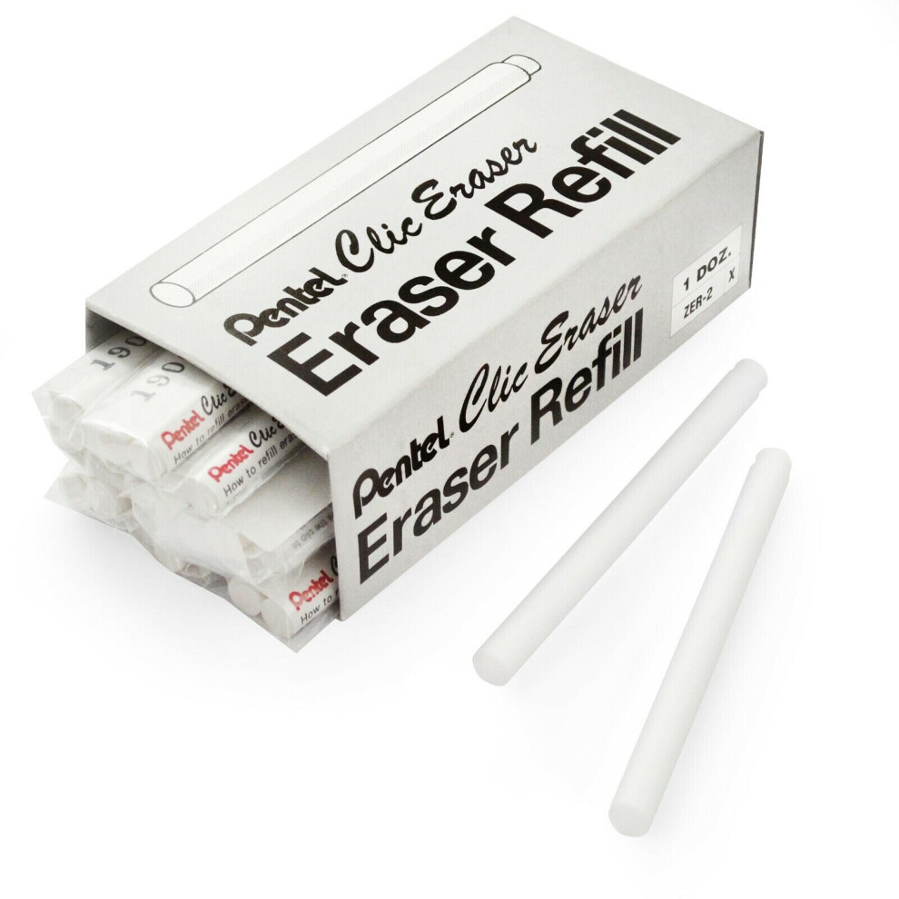 Pentel Clic Stick Eraser Rubber Refills - White - Pack of 12 - 24 Refills