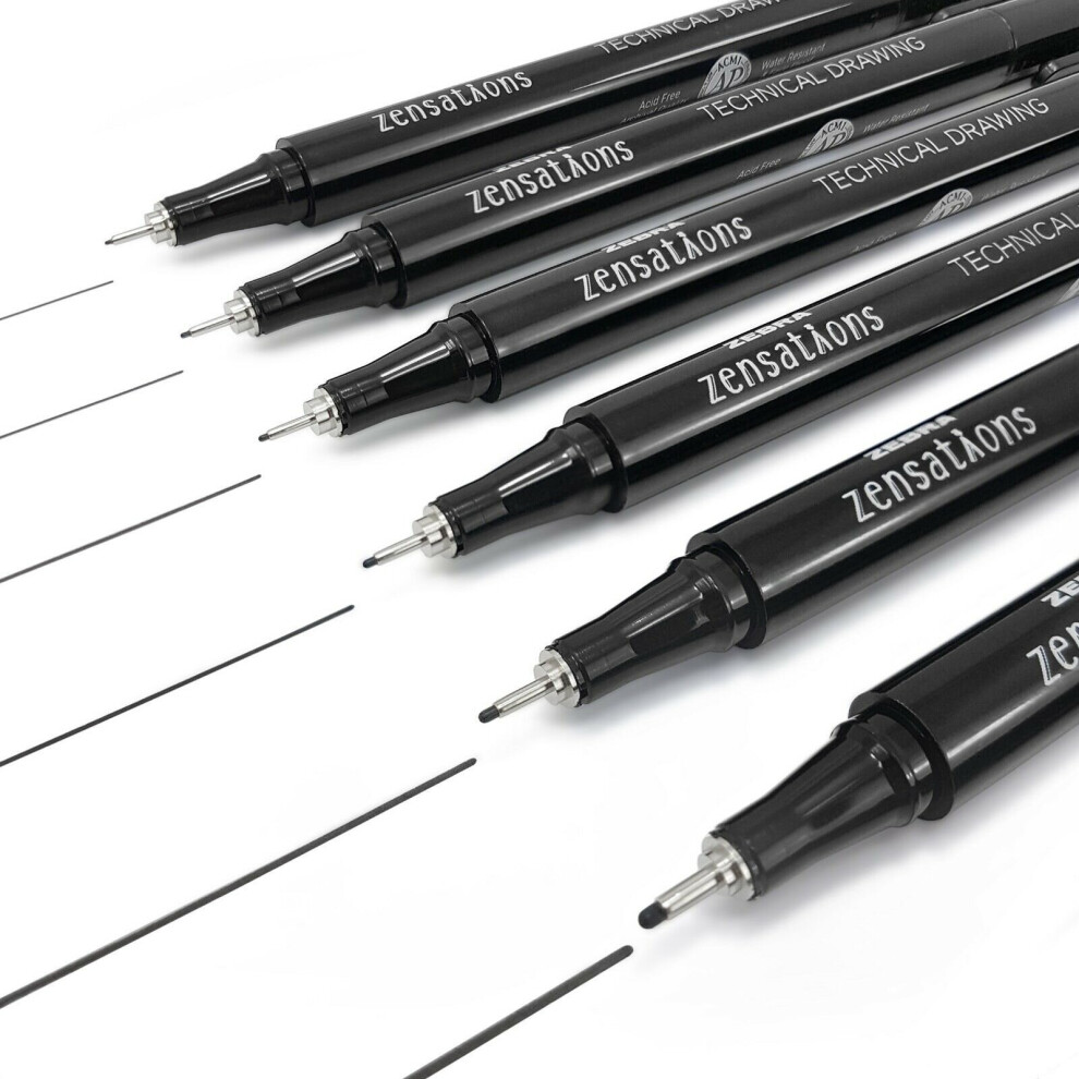 Zebra Zensations Technical Drawing Pens - Full Set of 6 Grades - Black Ink
