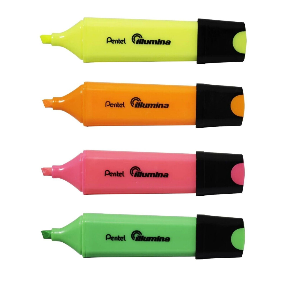 Pentel Illumina Highlighter Marker Pen - 4mm Chisel Tip - 1 of Each Colour - Pack of 4