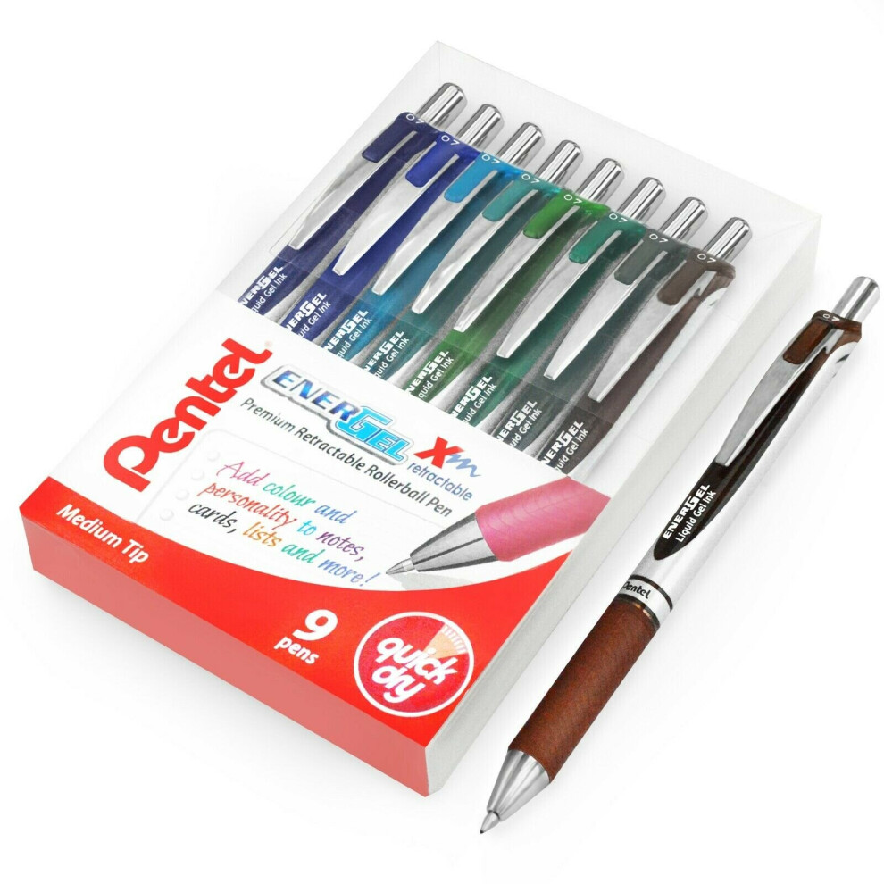 Pentel EnerGel XM BL77 - Retractable Liquid Gel Ink Pen - 0.7mm - 54% Recycled - Cool Tones - Wallet of 9