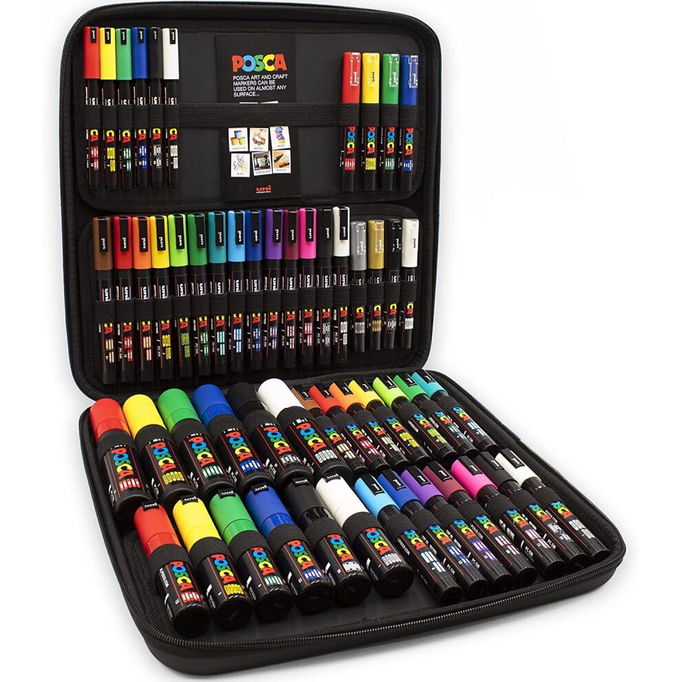 POSCA - PC-17K / PC-7M / PC-5M / PC-3M / PC-1M / PC-1MR - Paint Marker Art Pens - Travel Hard Case of 54