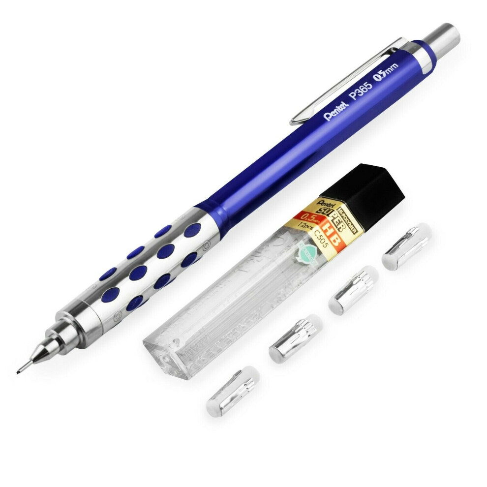 Pentel P365 Automatic Mechanical Pencil - 0.5mm - Blue + 12 Leads + 4 Erasers