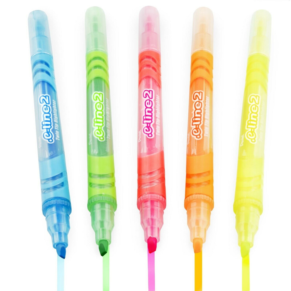 Pentel E-Line 2 Double Ended Twin Tip Highlighter Pen - 1 of Each Colour - 5 Set