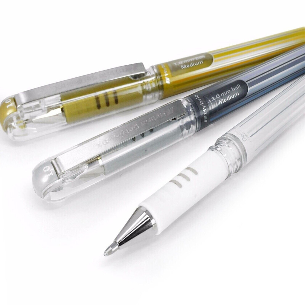 Pentel Hybrid Gel Grip Metallic Pens - 1.0Mm Rollerball - Gold, Silver And White
