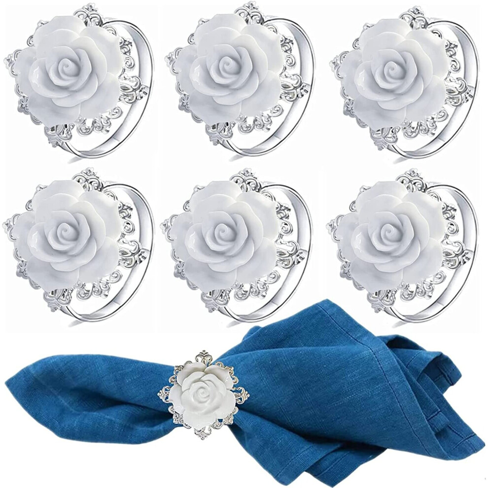 Flower Napkin Rings Set of 6,Silver Napkin Ring Holder White Rose