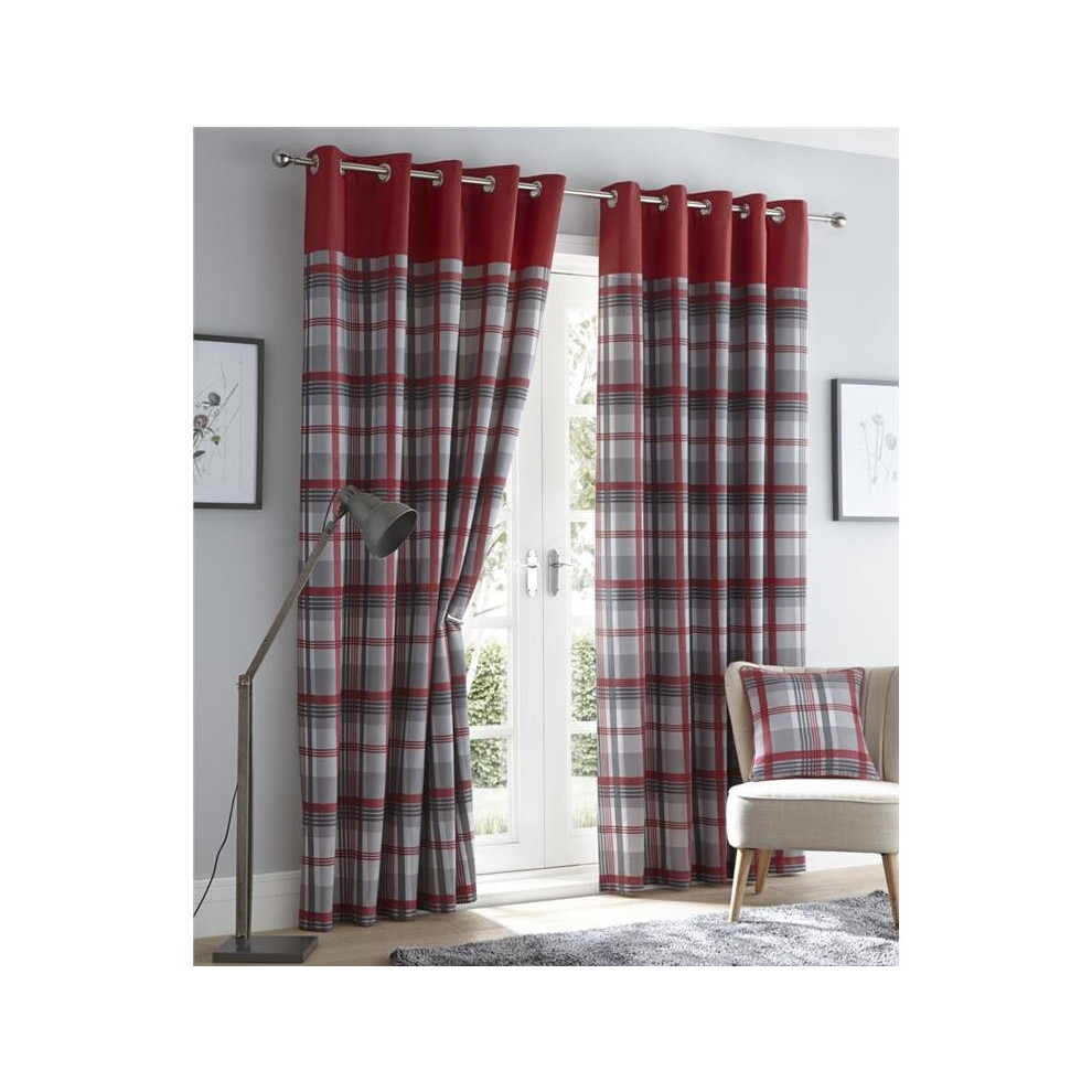 (Cushion Cover) Red curtains eyelet ring top lined curtains tartan check ready made