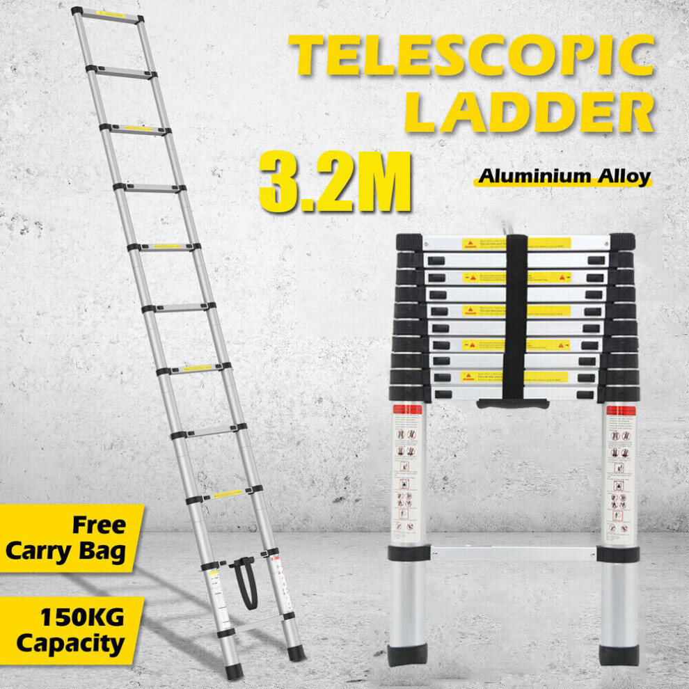 3.2M  Extendable Aluminium Telescopic Ladder DIY Tool Max Load 150KG