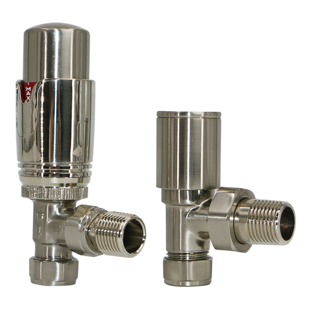 Bathroom Angled Radiator Valves Satin Nickel Thermostatic 15Mm X 1/2" Trv 5059490129369