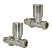 Designer Radiator Valves 15mm x 1/2" Satin Nickel Manual Straight Twin Pack