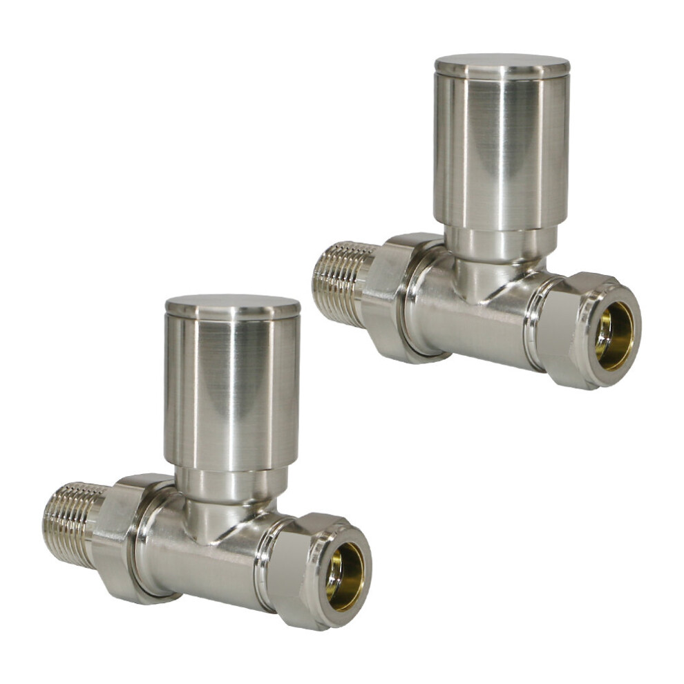 Designer Radiator Valves 15mm x 1/2" Satin Nickel Manual Straight Twin Pack