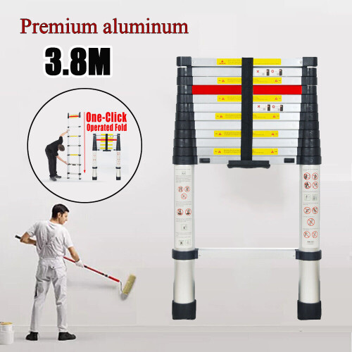 One Button Retraction 3.8M Portable Aluminium Telescopic Ladder Steps
