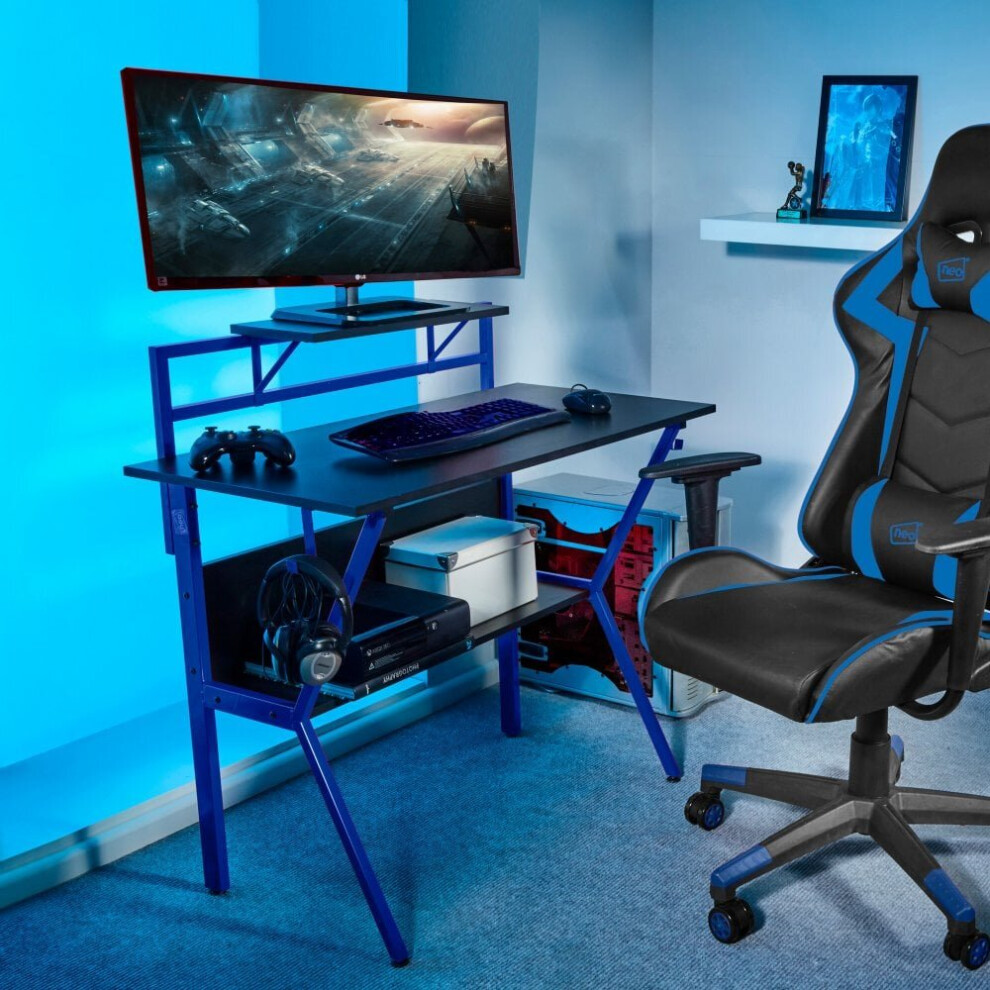 (BLUE) Neo Ergonomic 2 Tier Gaming Desk