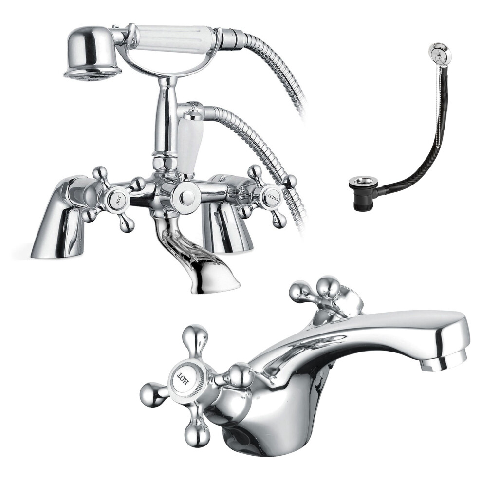Sterling Traditional Bath Shower Mixer & Basin Tap Pack Inc. Retainer Bath Waste - Chrome 5060966972976