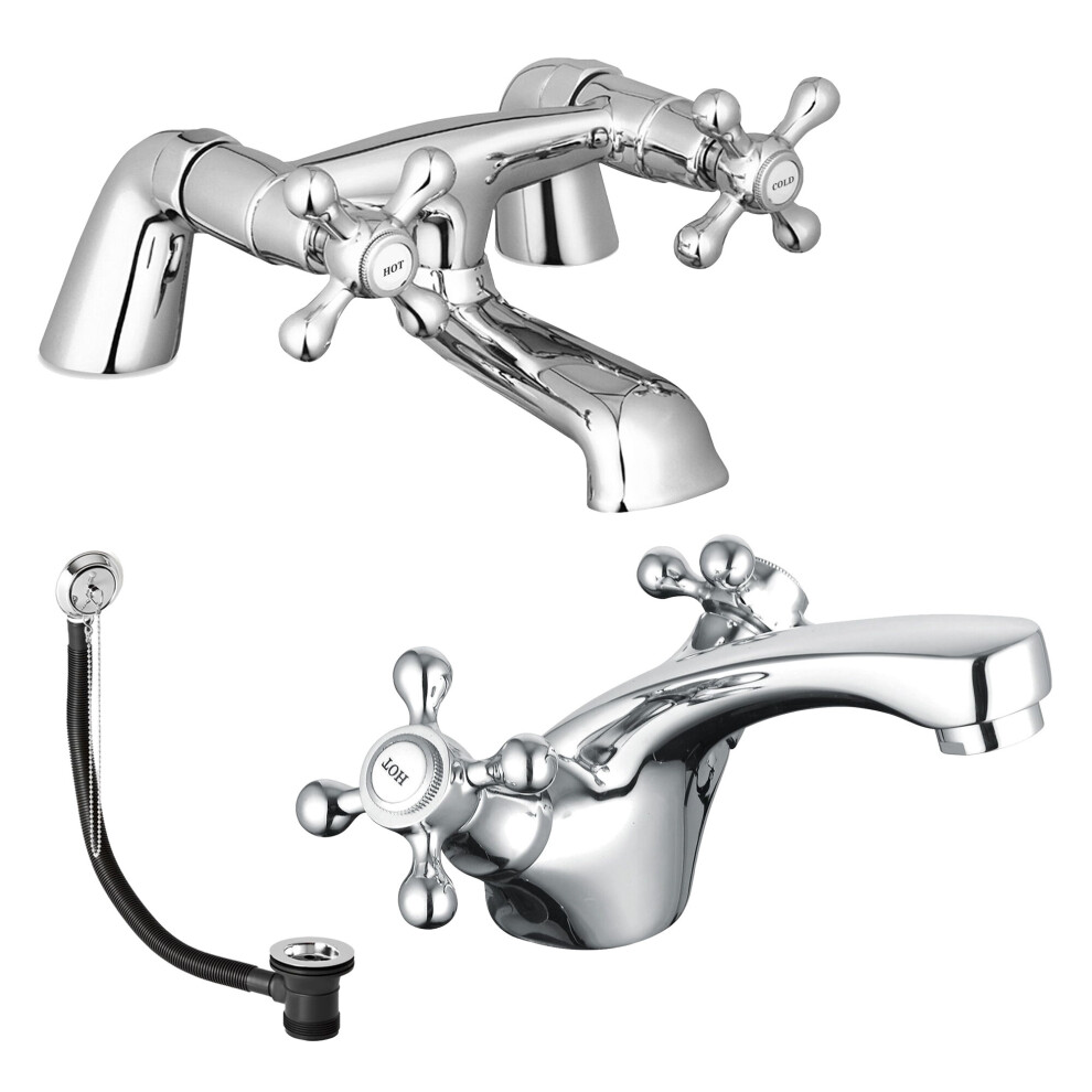 Fnx Bathrooms Sterling Traditional Bath Filler Mixer & Basin Tap Pack Inc. Retainer Bath Waste - Chrome