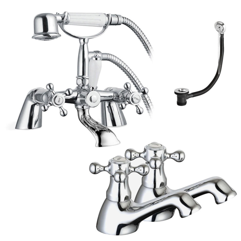 Sterling Traditional Bath Shower Mixer & Basin Tap Pack Hot & Cold Pair Inc. Bath Waste - Chrome 5060966972952