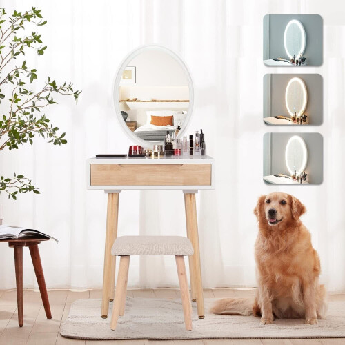 ELECWISH Dressing Table Vanity Set Make up Desk Oval LED Light with Stool White