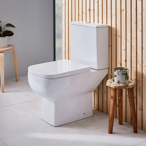 NES Home Choices 600 Modern White Ceramic Open Back Pan with Cistern & Soft Close Seat
