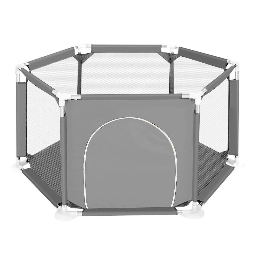 (Gray ) 6 Sides Baby Playpen house with Round Zipper Door