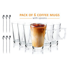 6 x 240ml Classic Glass Cup Mugs Set for Cold Drinks Hot Latte Coffee Cappuccino