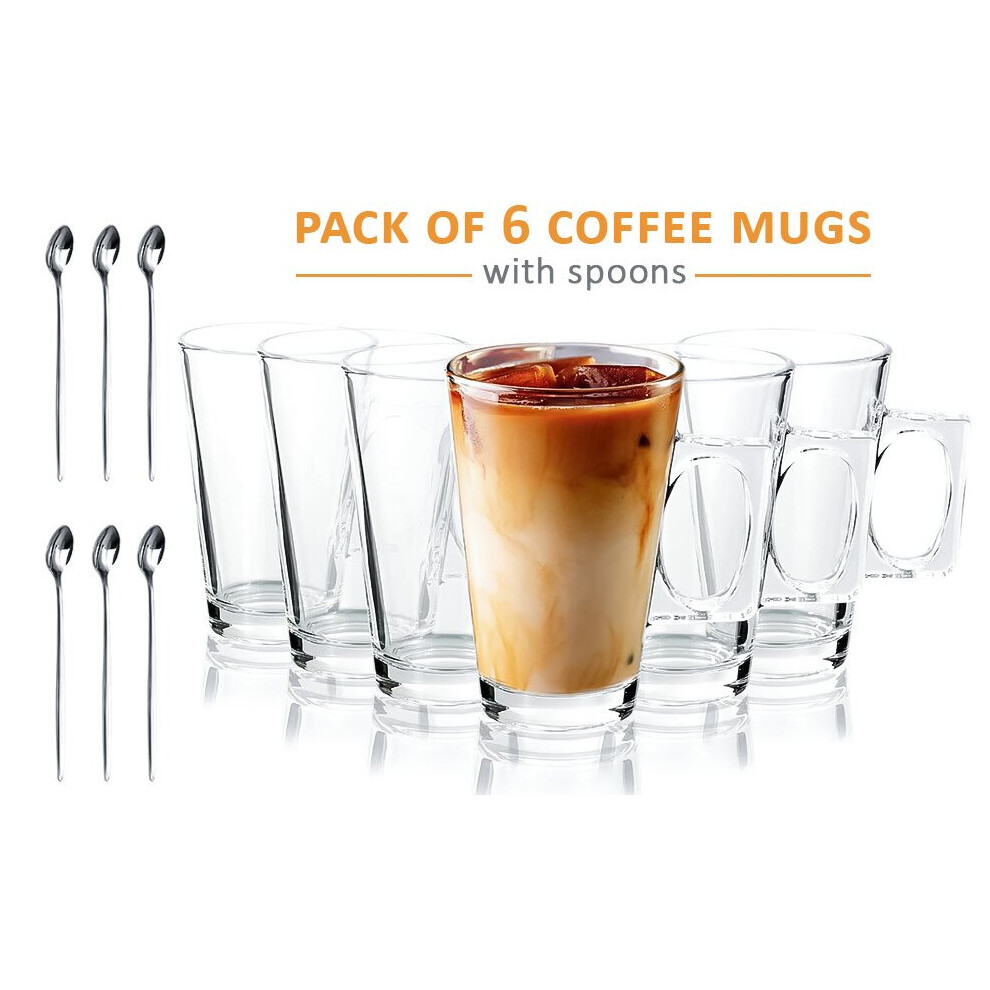 6 x 240ml Classic Glass Cup Mugs Set for Cold Drinks Hot Latte Coffee Cappuccino