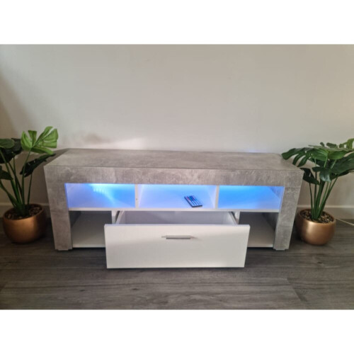 Stone Grey LED TV Cabinets,High Gloss Door With RGB Led Lights Storage