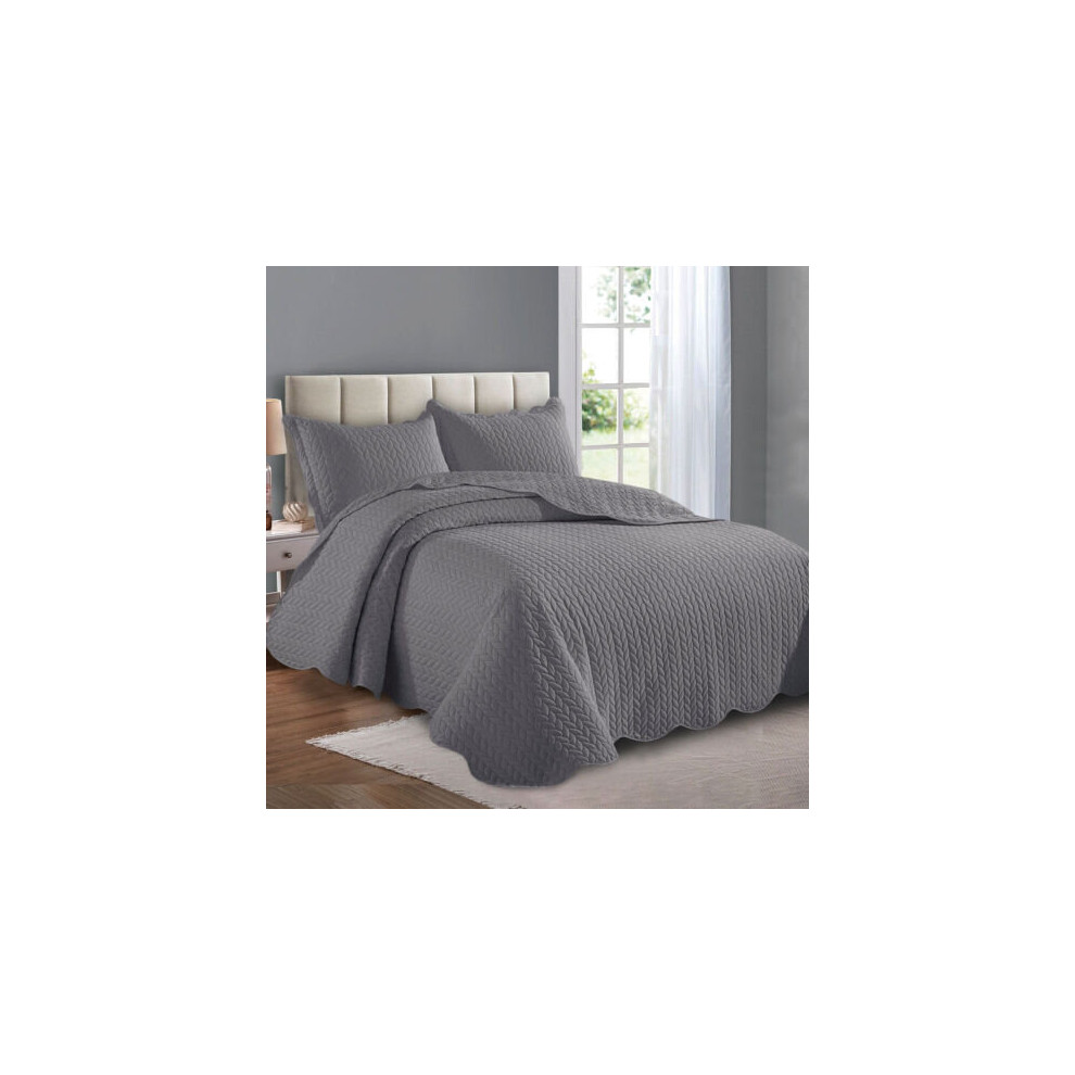 (Double, Grey) 3 Piece Luxury Embossed Quilted Bedspread