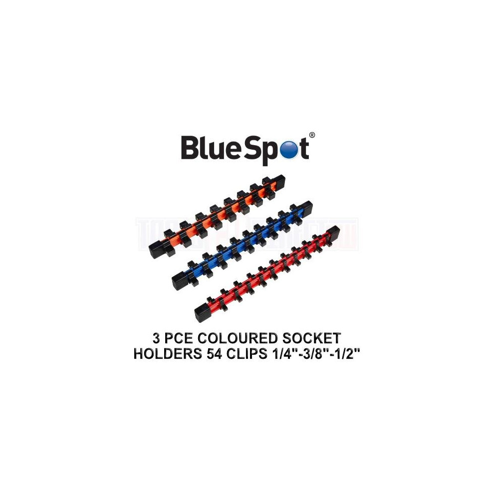 Bluespot 1/4" 1/2" 3/8" 3pc Coloured Socket Holders Rail Set Retaining Holder 02090