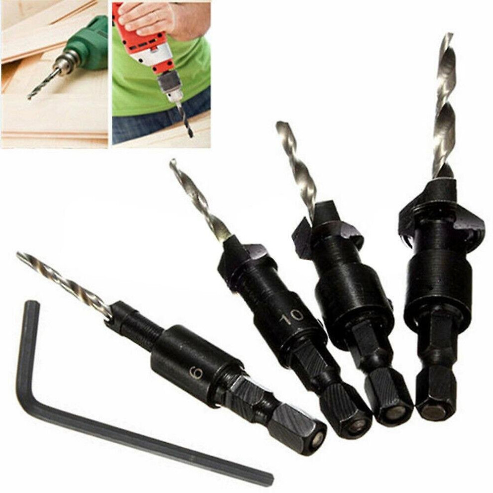 4Pcs Wood Countersink Drill Bit Set Woodworking Chamfer Bit Hex Shank Screw Carpentry Tool 768664244276