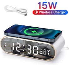 LED Alarm Clocks Bedside Digital Alarm Clock with Wireless QI Charging