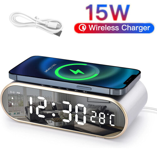 LED Alarm Clocks Bedside Digital Alarm Clock with Wireless QI Charging