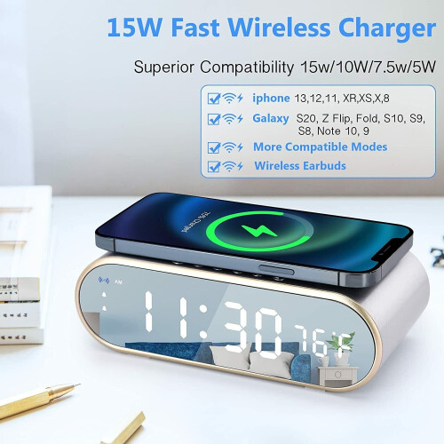 LED Alarm Clocks Bedside Digital Alarm Clock with Wireless QI Charging 2