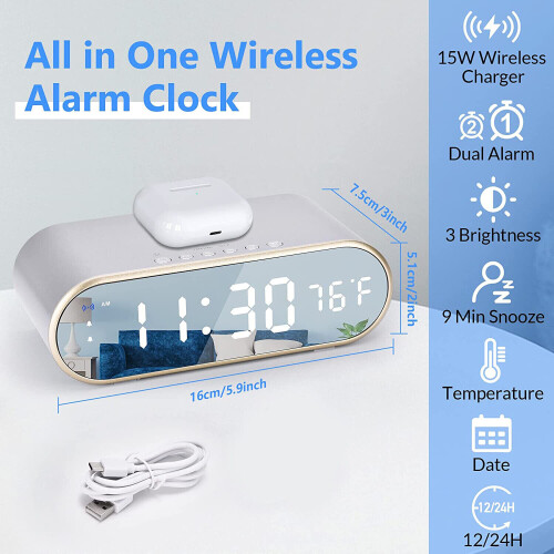 LED Alarm Clocks Bedside Digital Alarm Clock with Wireless QI Charging 1