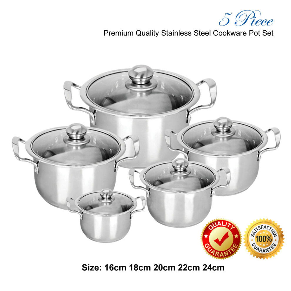 STAINLESS STEEL COOKWARE 5PC HOB STOCKPOT POT CASSEROLE SET WITH GLASS LIDS