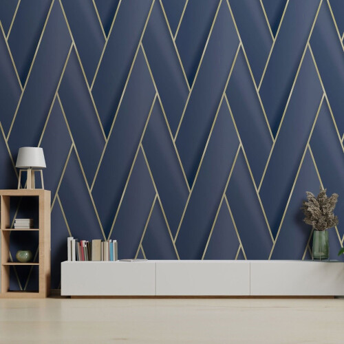 DEBONA (Navy Blue Gold 2121) Debona Armando Herringbone Geometric Wallpaper 2